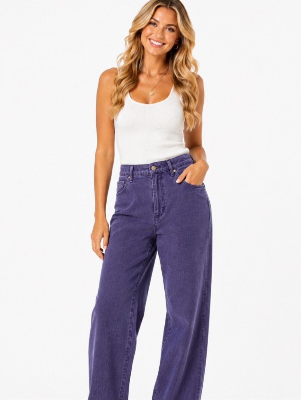 Coldwater Creek Petite High-Rise Cotton Wide Leg Jeans in Deep Purple (Size:14)